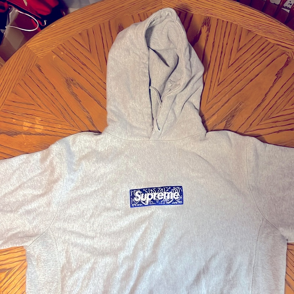 Supreme hoodie, gray with purple bandanna logo. Size Large.